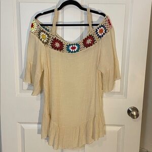 Cream Off-Shoulder Crochet Beach Cover Up- One Size fits most